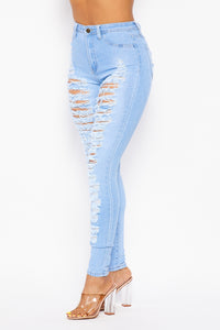 Super High Waisted Super Distressed Skinny Jeans - Light Denim - SohoGirl.com