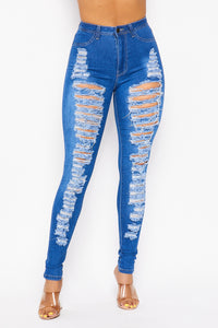 Super High Waisted Super Distressed Skinny Jeans - Medium Denim - SohoGirl.com