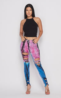 Vibrant High Waist Distressed Jeans - Bamboo Tie-Dye - SohoGirl.com