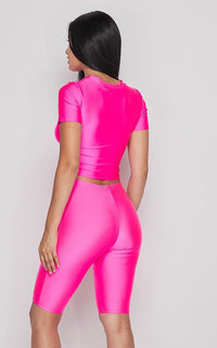 Nylon Front Tie Top and Bermuda Shorts - Hot Pink - SohoGirl.com