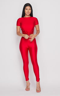 Nylon Front Tie Top and Leggings Set - Red - SohoGirl.com
