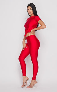 Nylon Front Tie Top and Leggings Set - Red - SohoGirl.com