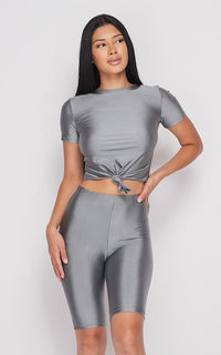 Nylon Front Tie Top and Bermuda Shorts - Dark Silver - SohoGirl.com