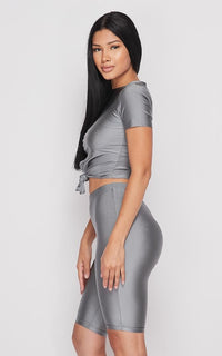 Nylon Front Tie Top and Bermuda Shorts - Dark Silver - SohoGirl.com