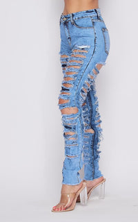 All Over Destroyed and Distressed Denim Jeans - Acid Wash Blue - SohoGirl.com