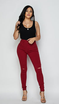 Burgundy Super High Waisted Knee Slit Skinny Jeans - SohoGirl.com