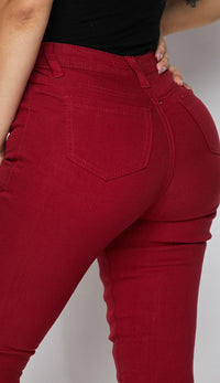 Burgundy Super High Waisted Knee Slit Skinny Jeans - SohoGirl.com