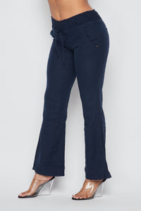 Linen Ruched Drawstring Wide Leg Pants - Navy Blue - SohoGirl.com