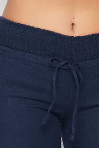Linen Ruched Drawstring Wide Leg Pants - Navy Blue - SohoGirl.com