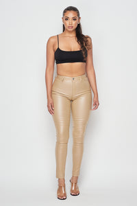 High Waisted Faux Leather Skinny Jeans - Beige - SohoGirl.com