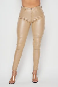 High Waisted Faux Leather Skinny Jeans - Beige - SohoGirl.com