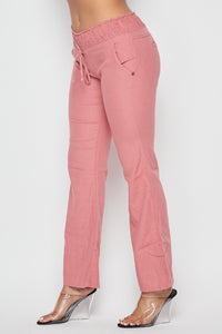 Linen Ruched Drawstring Wide Leg Pants - Rose Pink - SohoGirl.com