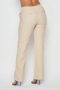 Linen Gold Drawstring Wide Leg Pants - Taupe - SohoGirl.com