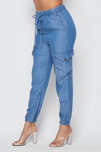 Lightweight Chambray Cargo Jogger Pants in Light Wash - SohoGirl.com