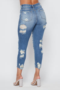 High Waisted Allover Distressed Skinny Jeans in Medium Wash - SohoGirl.com