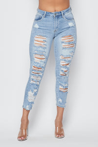 High Waisted Allover Distressed Skinny Jeans in Light Wash - SohoGirl.com