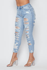 High Waisted Allover Distressed Skinny Jeans in Light Wash - SohoGirl.com