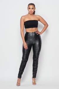 High Waisted Side Scrunch Faux Leather Pants in Black - SohoGirl.com