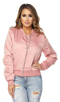 Sweater Insert Satin Bomber Jacket - Dusty Pink - SohoGirl.com