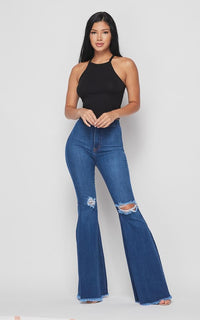 Vibrant Ripped Knee Super Flare Jeans (Plus Sizes Available) - Medium Denim - SohoGirl.com