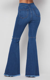 Vibrant Ripped Knee Super Flare Jeans (Plus Sizes Available) - Medium Denim - SohoGirl.com