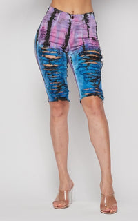Vibrant Distressed Bermuda Shorts - Bamboo Tie Dye - SohoGirl.com
