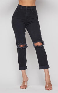 Vibrant Ripped Knee High Waisted Mom Jeans - Vintage Black - SohoGirl.com