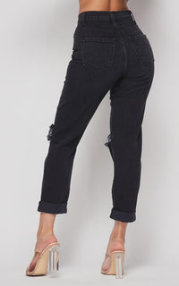 Vibrant Ripped Knee High Waisted Mom Jeans - Vintage Black - SohoGirl.com