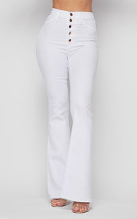 Vibrant Five Button Bell Bottom Jeans -White - SohoGirl.com