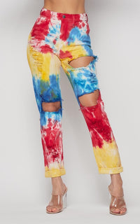 Vibrant High Waisted Distressed Mom Jeans - Circus Tie Dye - SohoGirl.com