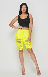 Vibrant Distressed Bermuda Shorts - Neon Yellow - SohoGirl.com