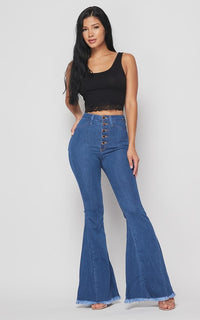 Vibrant Five Button Wide Flare Jeans - Medium Denim - SohoGirl.com