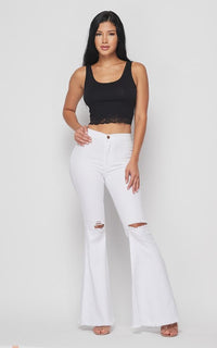 Vibrant Ripped Knee Super Flare Jeans - White - SohoGirl.com