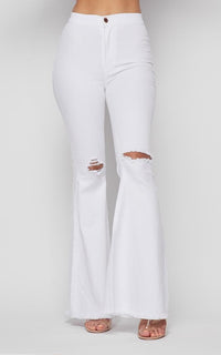 Vibrant Ripped Knee Super Flare Jeans - White - SohoGirl.com