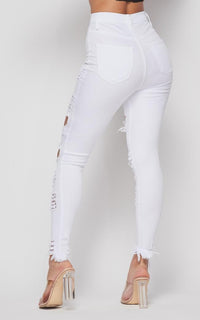 Vibrant High Waisted Button Fly Distressed Jeans - White - SohoGirl.com
