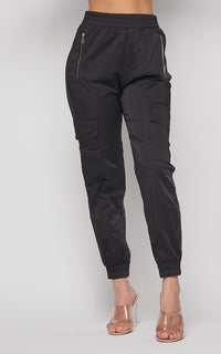 Satin Cargo Jogger Pants in Black - SohoGirl.com