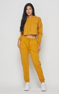 Everyday Pullover Cropped Hoodie Set - Mustard - SohoGirl.com