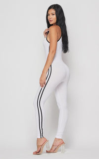 Side Stripe Camisole Unitard - White - SohoGirl.com