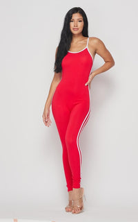 Side Stripe Camisole Unitard - Red - SohoGirl.com
