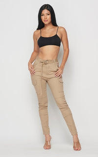 Belted Skinny Cargo Pants in Khaki - SohoGirl.com