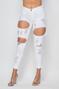 Super Distressed High Waisted Skinny Jeans - White - SohoGirl.com