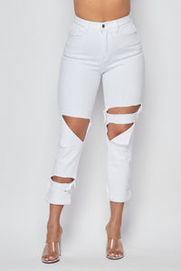 Cut Out Distressed Mom Jeans - White - SohoGirl.com