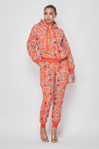Chain Print Hoodie and Cargo Jogger Set - Coral - SohoGirl.com