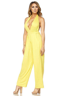 Plunging Wide Leg Jumpsuit in Yellow - SohoGirl.com