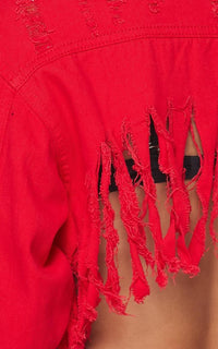 Distressed Fringe Crop Denim Jacket - Red - SohoGirl.com