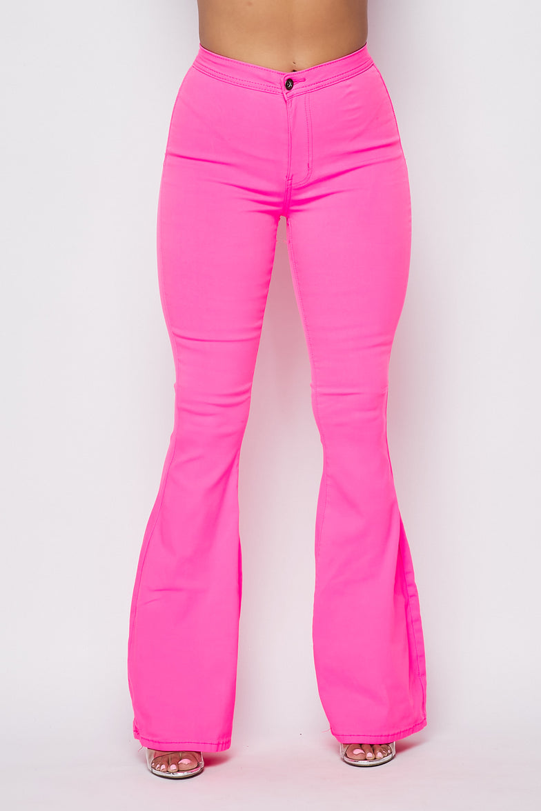 High Waisted Stretchy Bell Bottom Jeans - Neon Pink