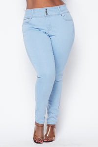 Plus Size 3 Button Push-Up Denim Skinny Jeans - Light Denim - SohoGirl.com