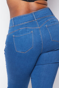 Plus Size 3 Button Push-Up Denim Skinny Jeans - Medium Denim - SohoGirl.com