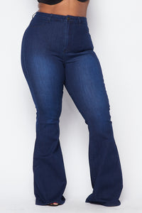 Plus Size High Waisted Stretchy Bell Bottom Jeans - Dark Denim - SohoGirl.com