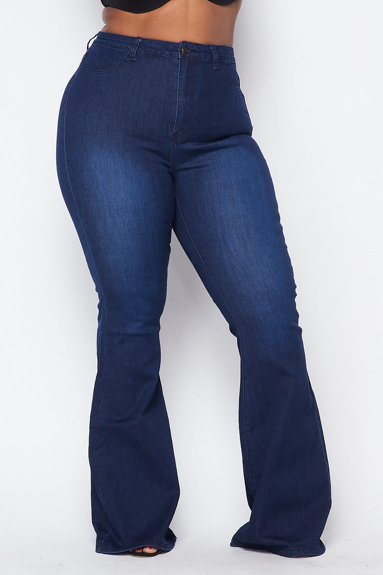 Plus Size High Waisted Stretchy Bell Bottom Jeans Dark Denim